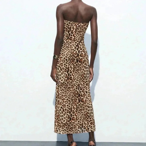 Khaki Sexy Women's Leopard Print Fitted Bodycon Midi Dress With Slit Up To Thigh - Picture 7 of 8